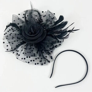 New Black Round Tulle Fascinator Clip and Headband NWT